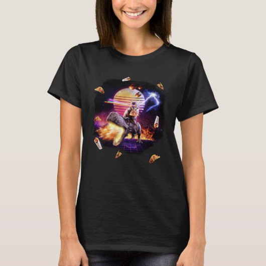 Retro Synthwave Laser Pizza Kat Rijden Dinosaurus T-shirt (Voorkant)
