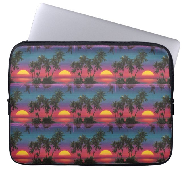 Retro Synthwave Palmboom Zonsondergang Patroon Laptop Sleeve (Voorkant)