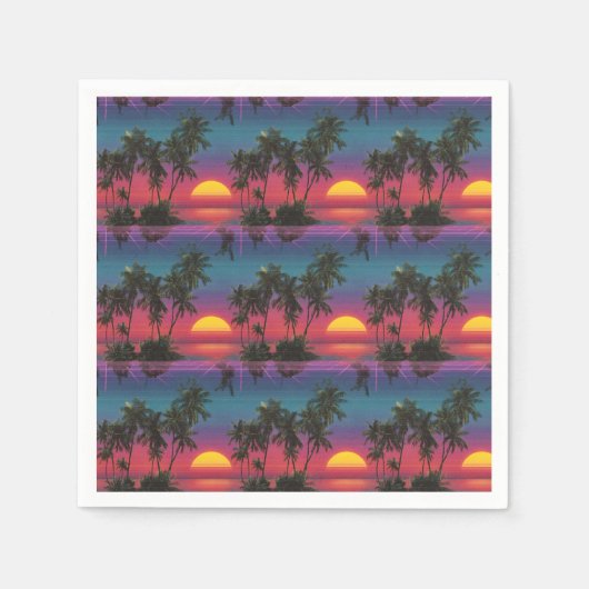 Retro Synthwave Palmboom Zonsondergang Patroon Servet (Voorkant)