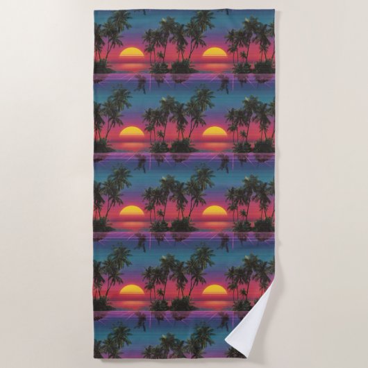 Retro Synthwave Palmboom Zonsondergang Patroon Strandlaken (Voorkant)