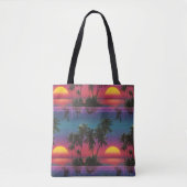 Retro Synthwave Palmboom Zonsondergang Patroon Tote Bag (Voorkant)