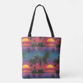 Retro Synthwave Palmboom Zonsondergang Patroon Tote Bag (Achterkant)