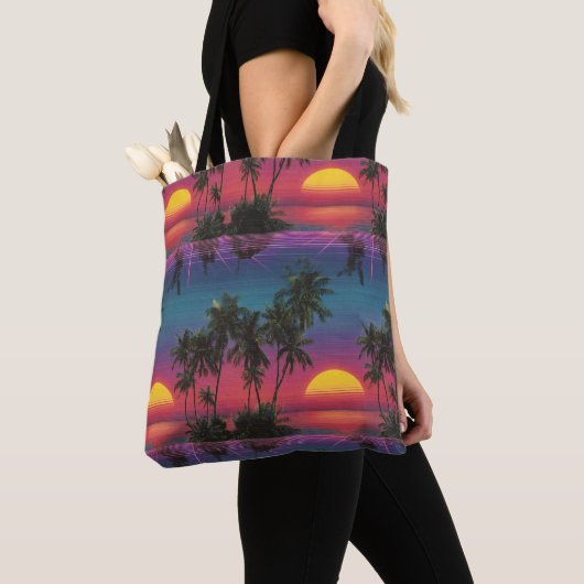 Retro Synthwave Palmboom Zonsondergang Patroon Tote Bag (Dichtbij)