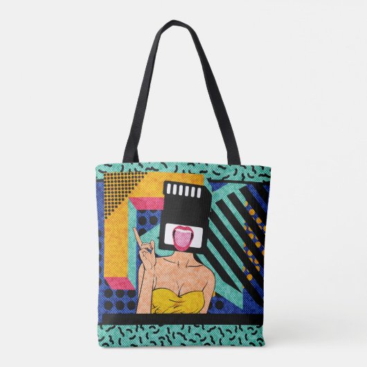 Retro Synthwave SD Kaart Hoofd Pop Art Vrouw Tote Bag (Achterkant)
