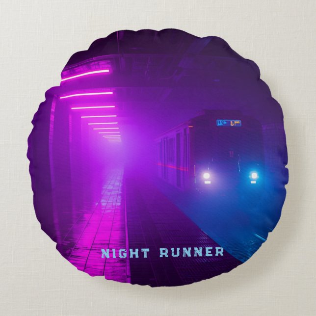 Retro Synthwave Vap Rond Kussen (Voorkant)