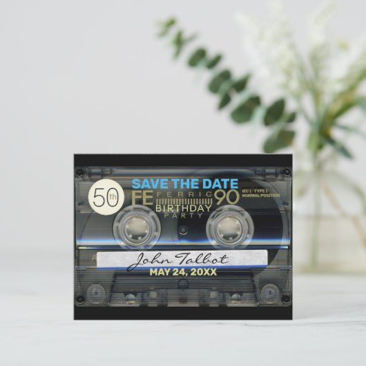 Retro T1 Audiotape 50ste verjaardag Party Opslaan  Uitnodiging Briefkaart (Staand voorkant)