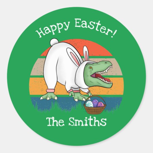 Retro T-Rex in paasbunny Costume Egg Hunt Ronde Sticker (Voorkant)