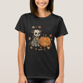 Retro T-shirt met skelet hond en Halloween pompoen