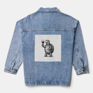 Retro T-shirtontwerp met Schildpad die Wijn Glas V Denim Jacket