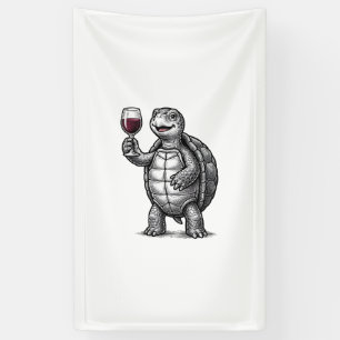 Retro T-shirtontwerp met Schildpad die Wijn Glas V Spandoek