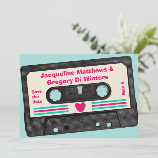 Retro tachtiger muziek mix tape de datum opslaan kaart (Staand voorkant)