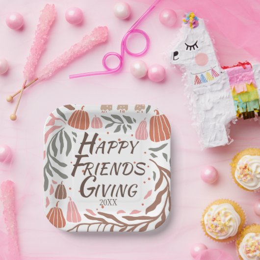 Retro takken, bladeren en pompoenen Friendsgiving Papieren Bordje (Feest)