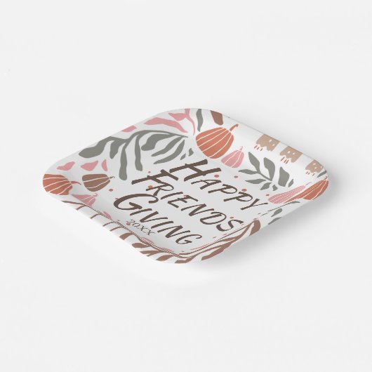 Retro takken, bladeren en pompoenen Friendsgiving Papieren Bordje (Gebogen)