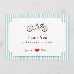 Retro Tandem Bicycle Blue & White Striped Wedding Bedankkaart