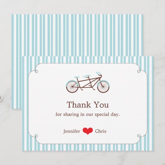 Retro Tandem Bicycle Blue & White Striped Wedding Bedankkaart (Voorkant / Achterkant)