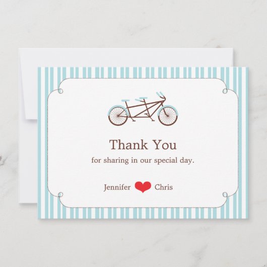 Retro Tandem Bicycle Blue & White Striped Wedding Bedankkaart (Voorkant)