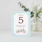 Retro Tandem Bicycle Blue & White Striped Wedding Briefkaart (Staand voorkant)