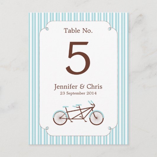 Retro Tandem Bicycle Blue & White Striped Wedding Briefkaart (Voorkant)