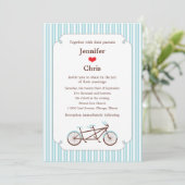 Retro Tandem Bicycle Blue & White Striped Wedding Kaart (Staand voorkant)