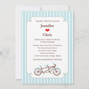 Retro Tandem Bicycle Blue & White Striped Wedding Kaart