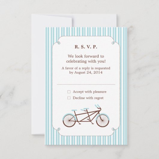 Retro Tandem Bicycle Blue & White Striped Wedding Kaart (Voorkant)