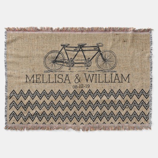 Retro tandem Fiets Chevron Burlap Huwelijkscadeau Deken (Voorkant)