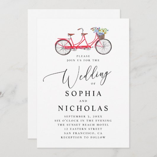 Retro tandem fiets. Elegant script bruiloft Kaart (Voorkant / Achterkant)