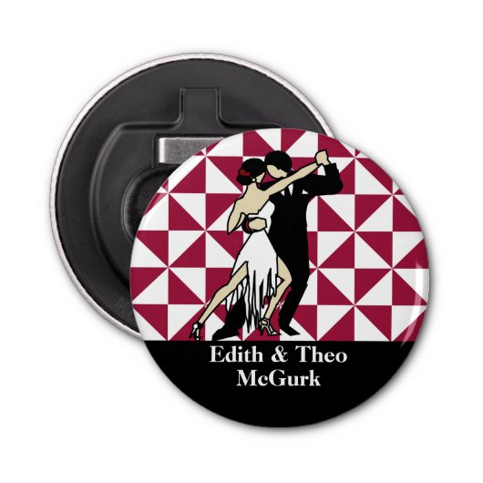Retro Tango Dancers op Maroon Geometric Button Flesopener (Voorkant)