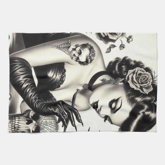 Retro Tattoed Gothic Pin-up Theedoek (Horizontaal)