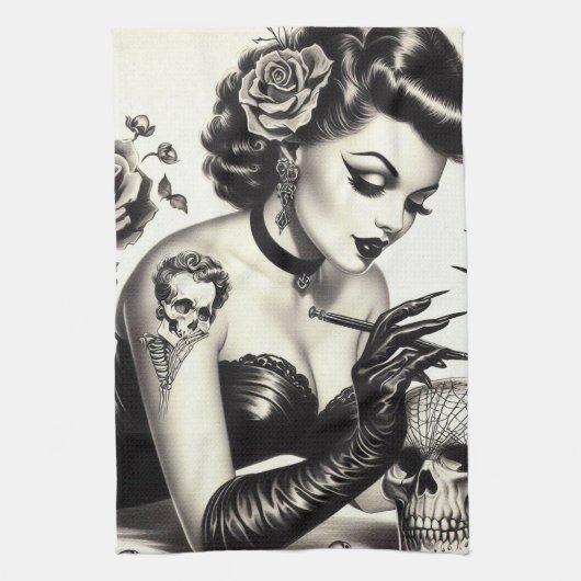 Retro Tattoed Gothic Pin-up Theedoek (Verticaal)