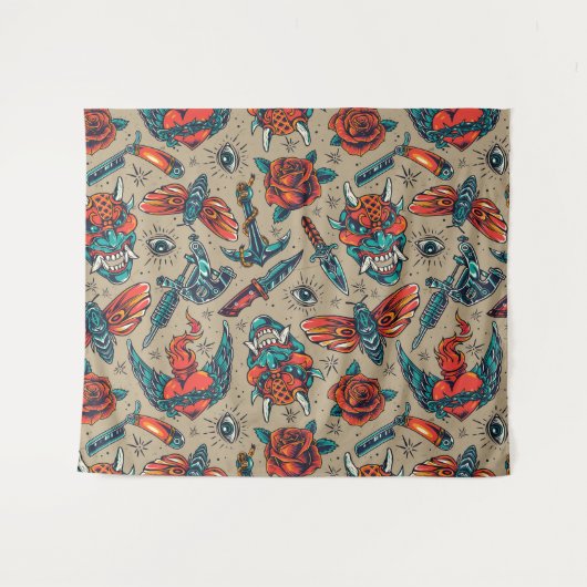 Retro-Tattoo geacht Wandkleed (Voorkant (horizontaal))