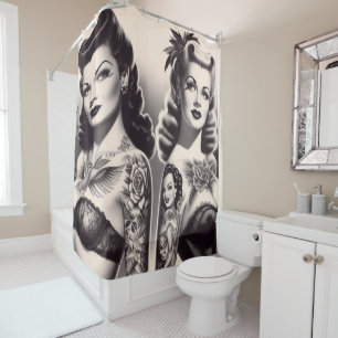 Retro Tattoo Glam Pinups Douchegordijn