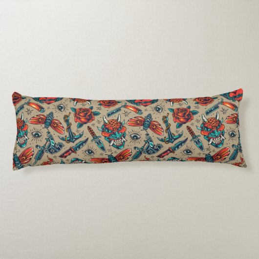 Retro Tattoo Patroon Lichaamskussen (Achterkant)