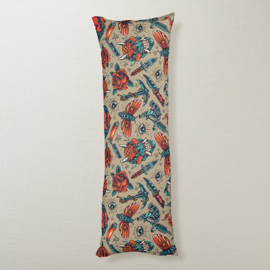 Retro Tattoo Patroon Lichaamskussen (Achterkant (Verticaal))