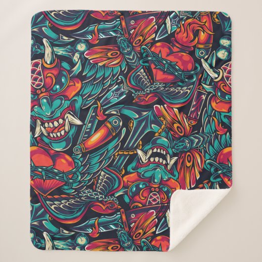 Retro Tattoo Patroon Sherpa Deken (Voorkant)