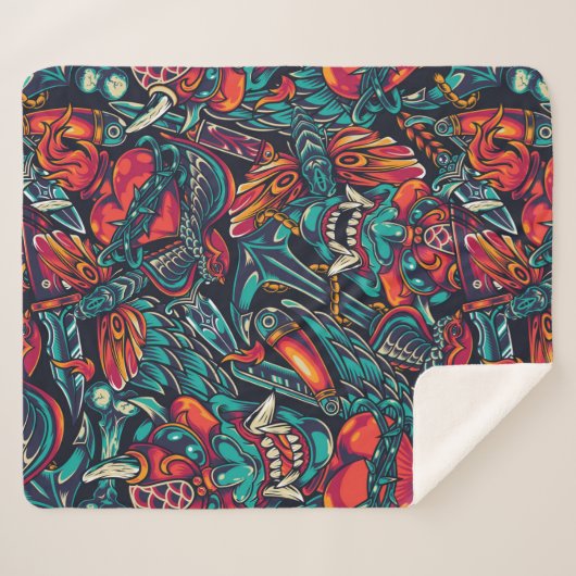 Retro Tattoo Patroon Sherpa Deken (Voorkant (horizontaal))