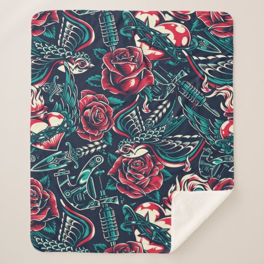 Retro Tattoo Patroon Sherpa Deken (Voorkant)
