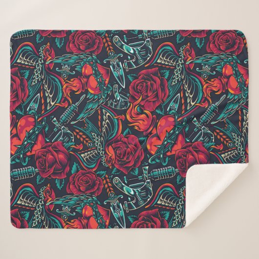 Retro Tattoo Pattern Sherpa Blanket Sherpa Deken (Voorkant (horizontaal))