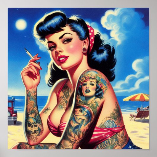 Retro Tattooed Bikini Zomer Pin-up Poster (Voorkant)
