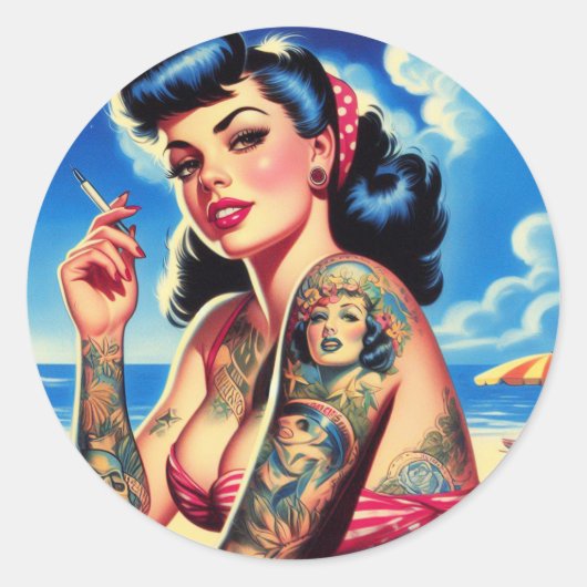 Retro Tattooed Bikini Zomer Pin-up Ronde Sticker (Voorkant)