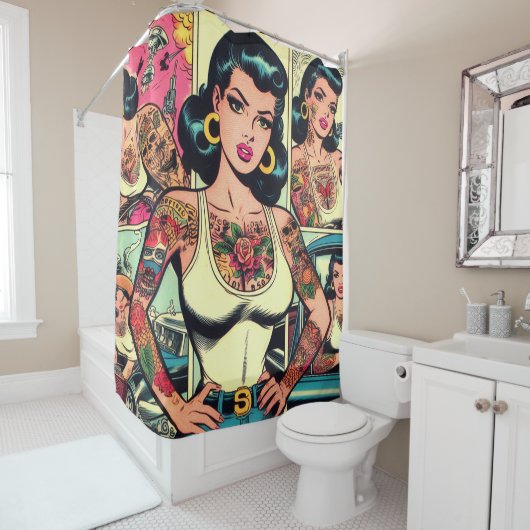 Retro Tattooed Pin-up Comics Douchegordijn (In situ)