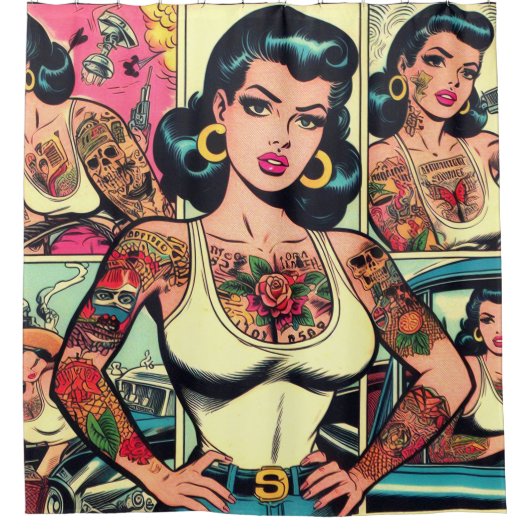 Retro Tattooed Pin-up Comics Douchegordijn (Voorkant)