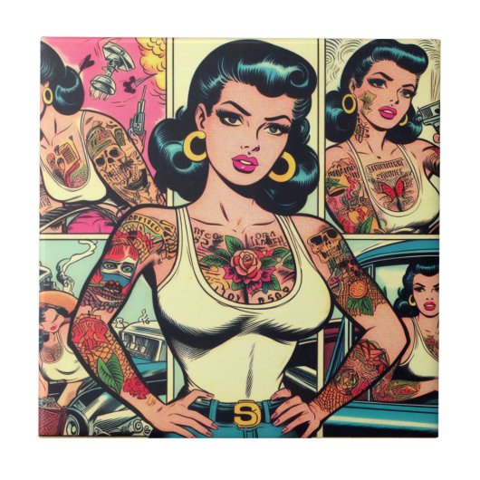 Retro Tattooed Pin-up Comics Tegeltje (Voorkant)