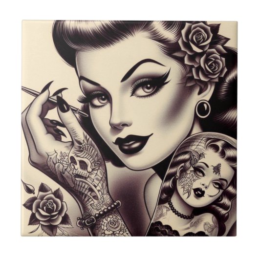 Retro Tattooed Pin Up Tegeltje (Voorkant)