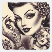 Retro Tattooed Pin Up Vierkante Sticker (Voorkant)