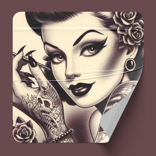 Retro Tattooed Pin Up Vierkante Sticker
