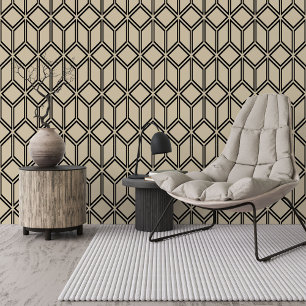Retro Taupe Beige Bruin Zwart blokjes Patroon Behang