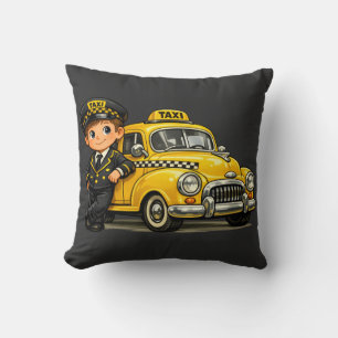 Retro Taxi Chauffeur Jongen met Vintage Gele Auto Kussen