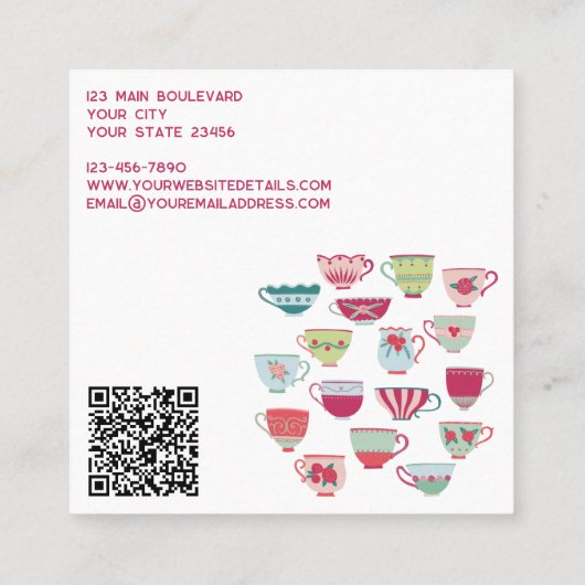 Retro Tea Cup Catering Bakkerij Cafe QR Code Vierkante Visitekaartje (Achterkant)