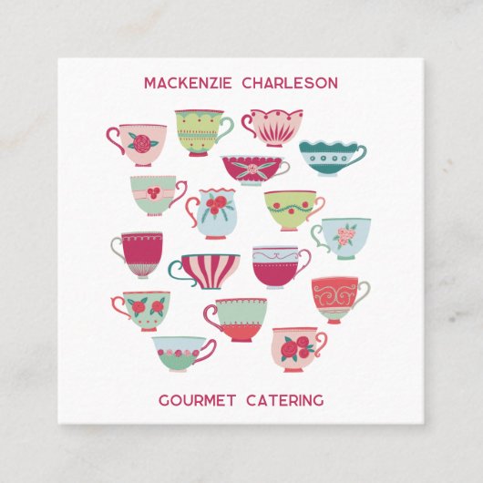 Retro Tea Cup Catering Bakkerij Cafe QR Code Vierkante Visitekaartje (Voorkant)